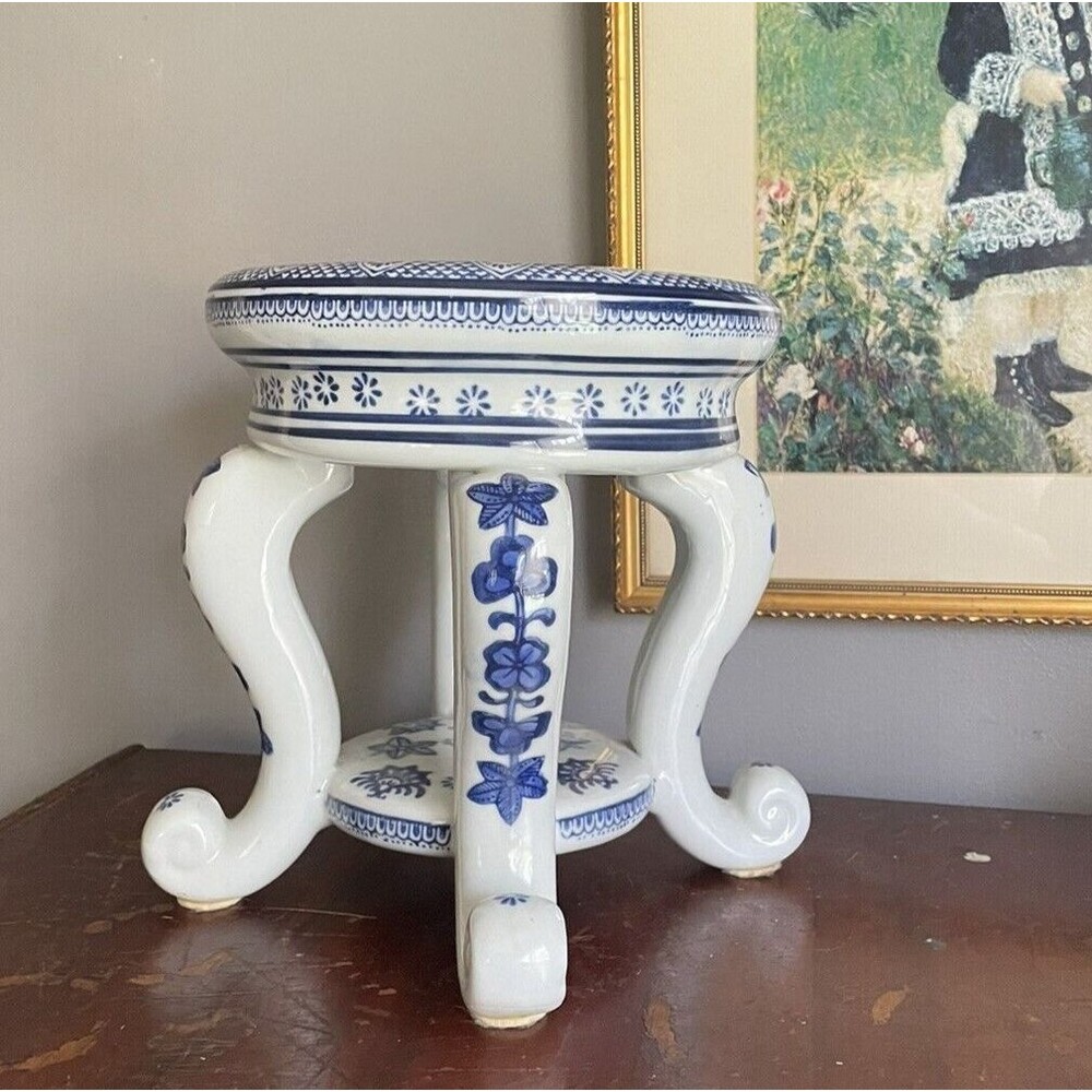 VTG Chinese Chinoiserie Plant Stand Porcelain Blue White Asian Grandmillennial